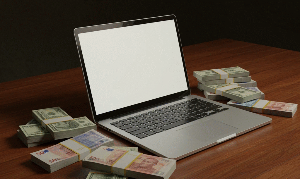 craiyon 101823 realistic money with a laptop on a table