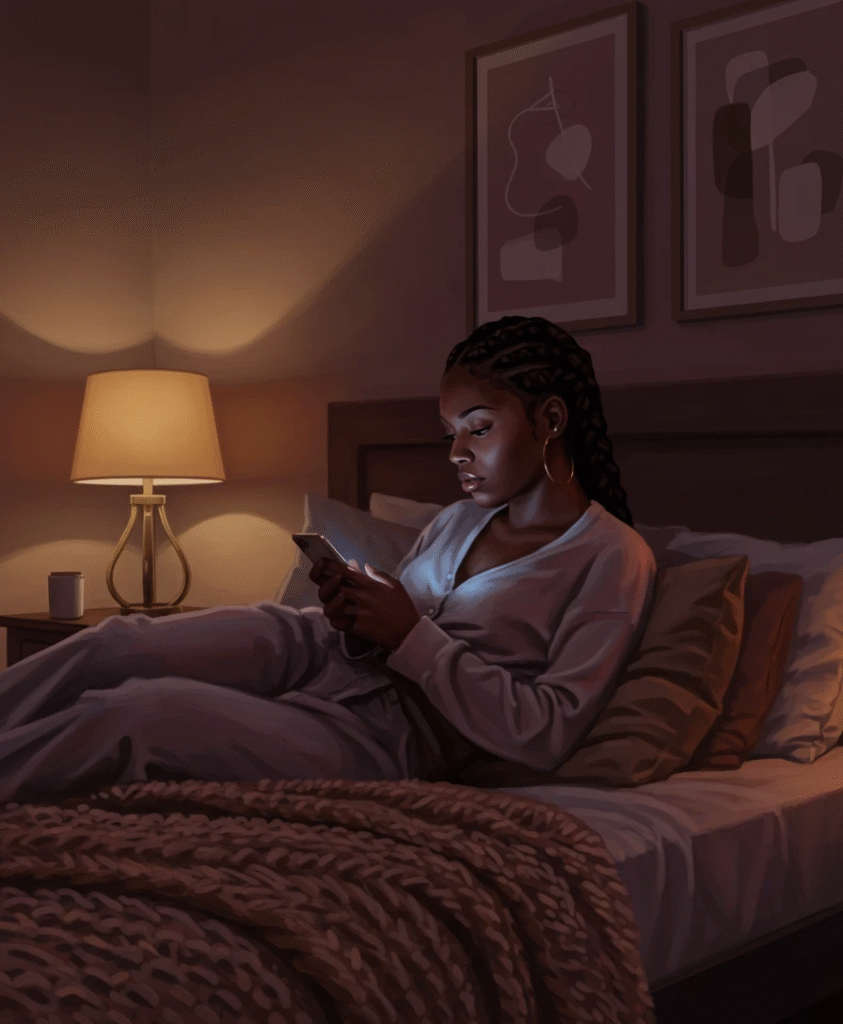 make a black girl in her bed with single braid on a phone texting