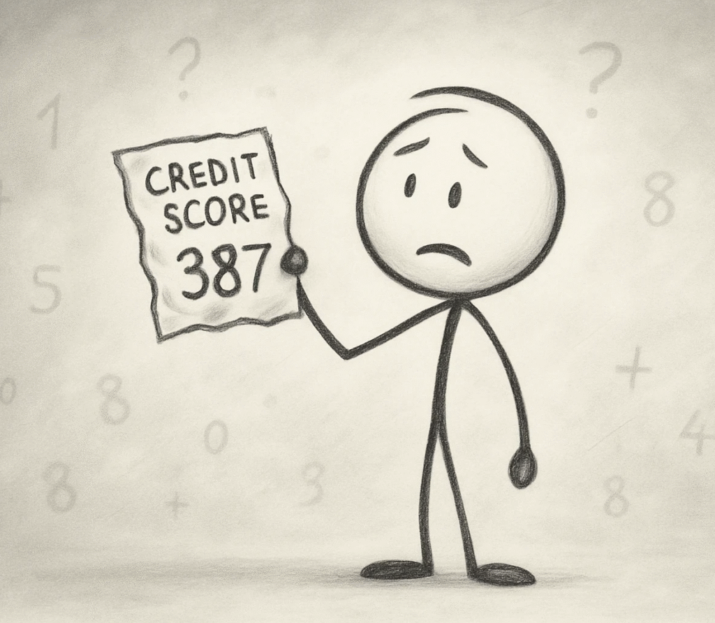 craiyon 160642 a stick figure looking confused holding a pice of paper showing a credit score