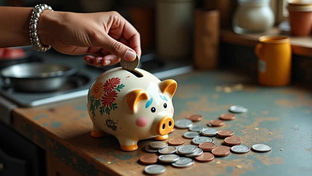 flux dev a piggy bank sits on a worn rustic kitchen counter it 0 flux dev a piggy bank sits on a worn rustic kitchen counter it 0