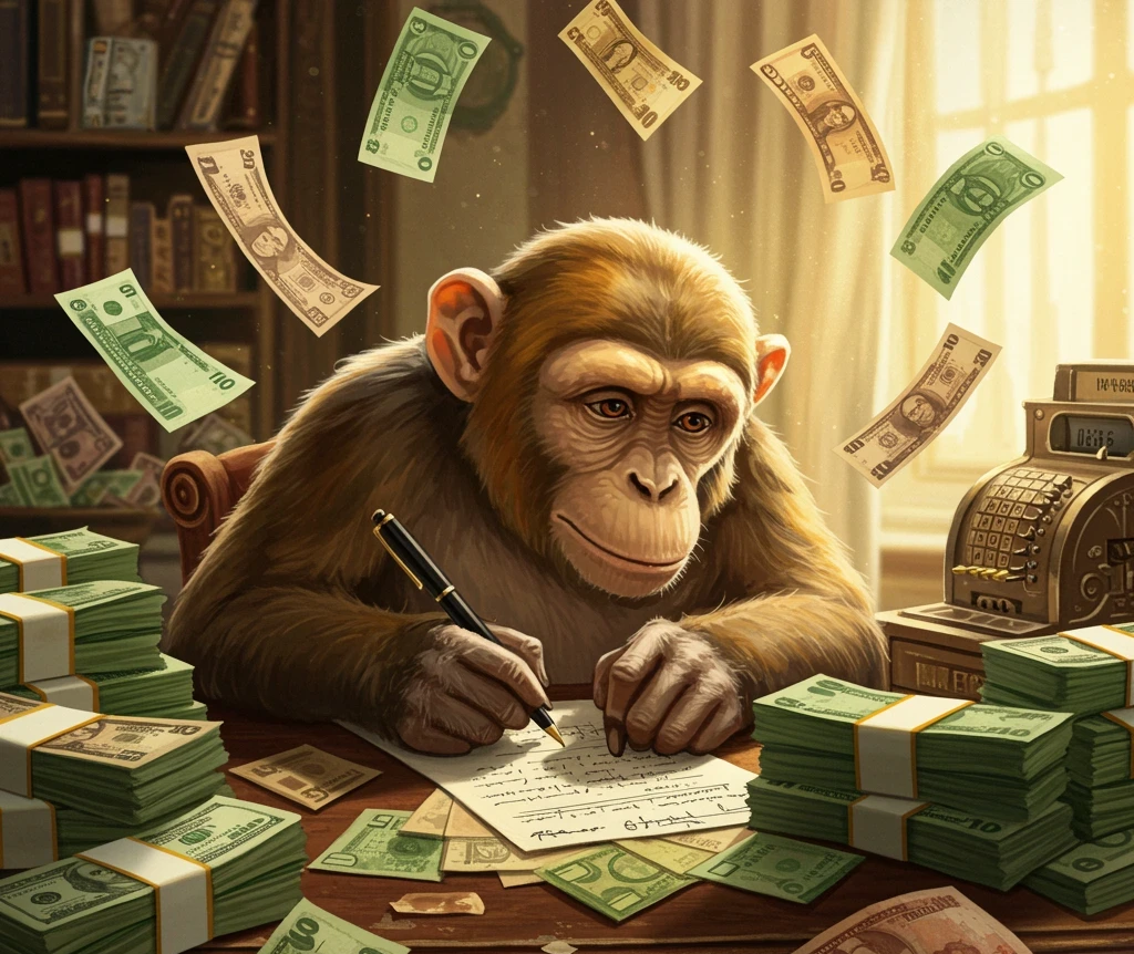 craiyon 102223 a monkey filling out paperwork surrounded by money