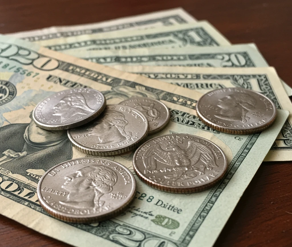 craiyon 104758 a close up image of one 20 bill one 10 bill four 1 bills two quarters and one dime all arran