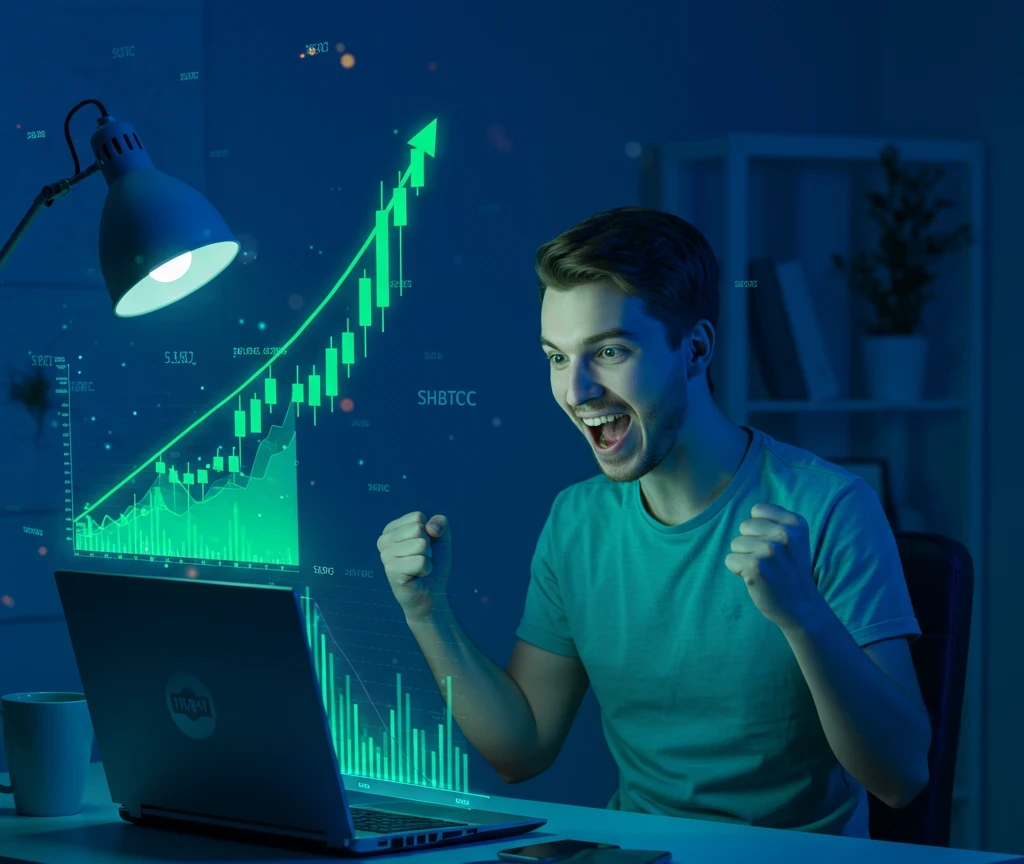 craiyon 110413 a person sitting a a desk watching his shbtc crypto currency get a giant green candle and you can se