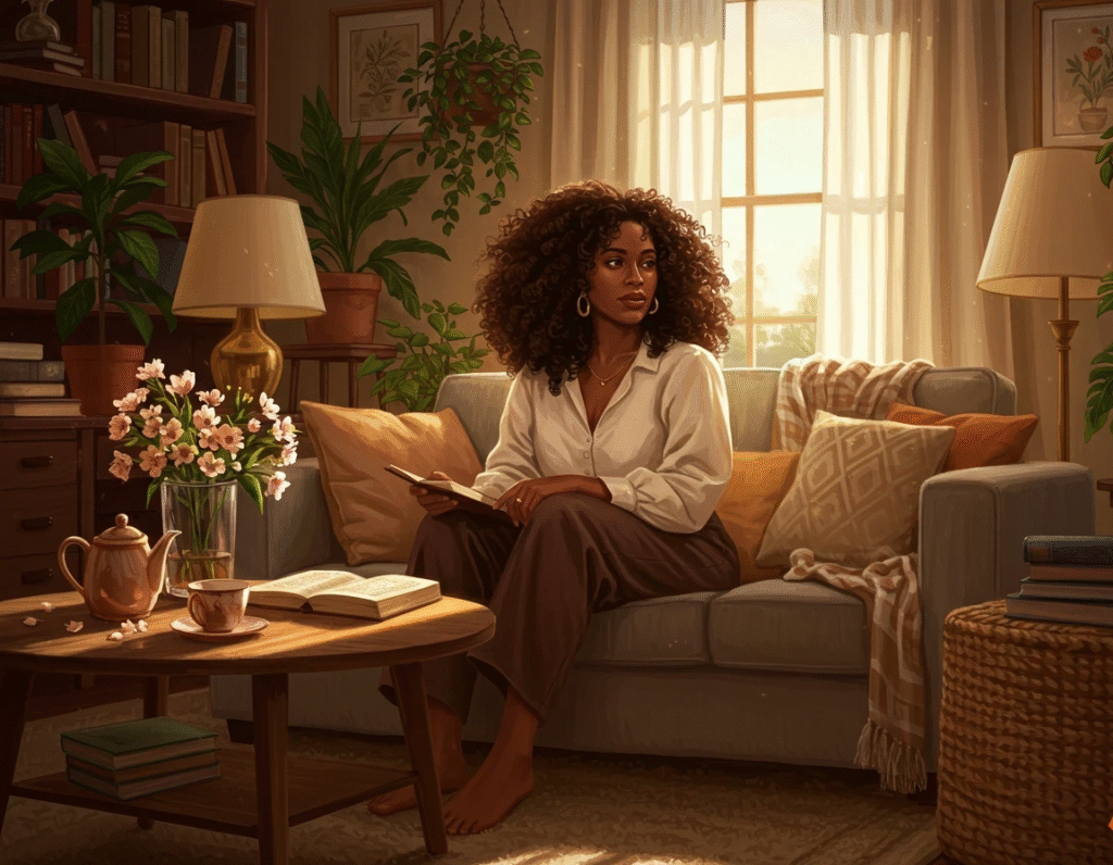 craiyon 113724 a 40 year old black woman is in a living room she has shoulder length curly hair and a pretty face